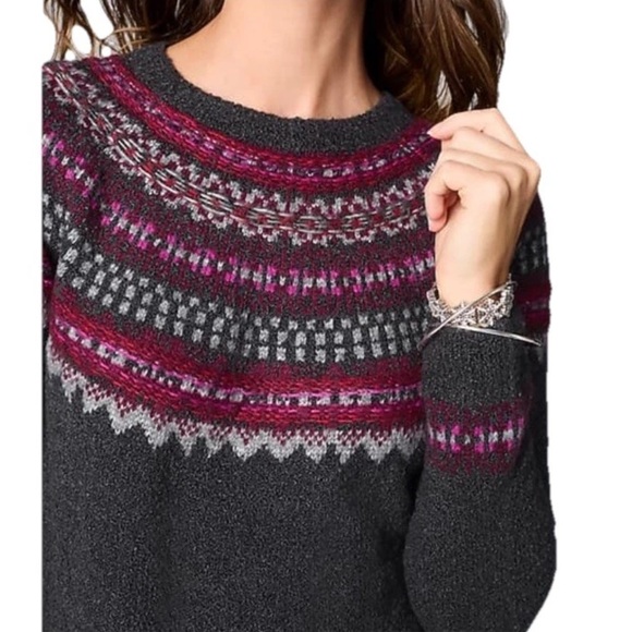J Jill Women’s Fair Isle Crew Neck Sweater Petite XL Nordic Gray Embroidered - Picture 1 of 7